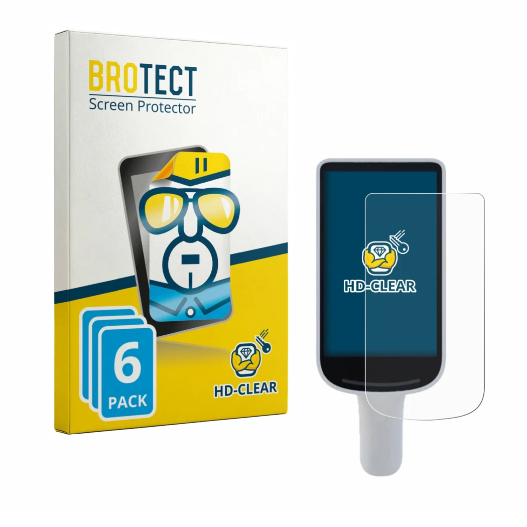 Parte frontal de un envase de producto con el logotipo de la marca BROTECT. Al lado se muestra el dispositivo Datalogic Joya S