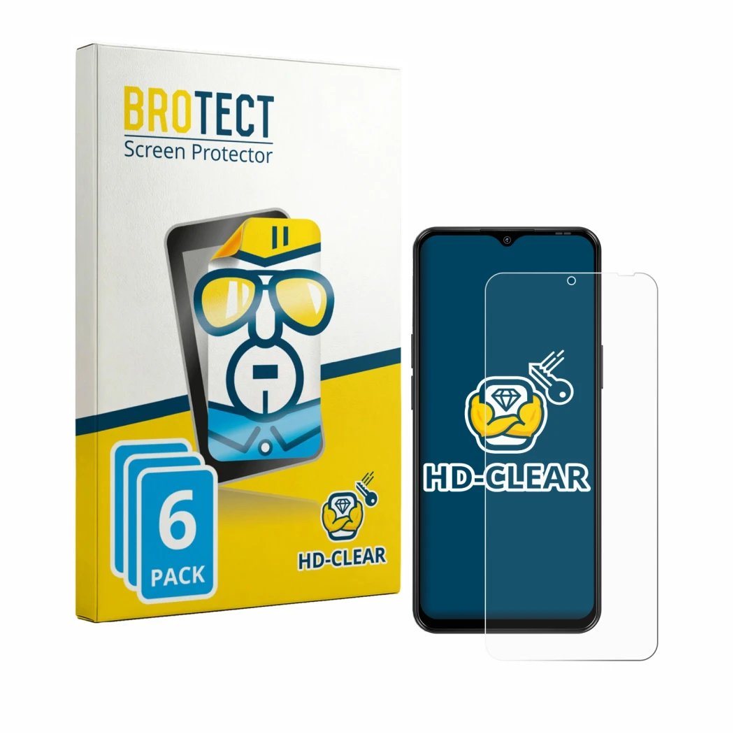 Parte frontal de un envase de producto con el logotipo de la marca BROTECT. Al lado se muestra el dispositivo Blackview Wave 7