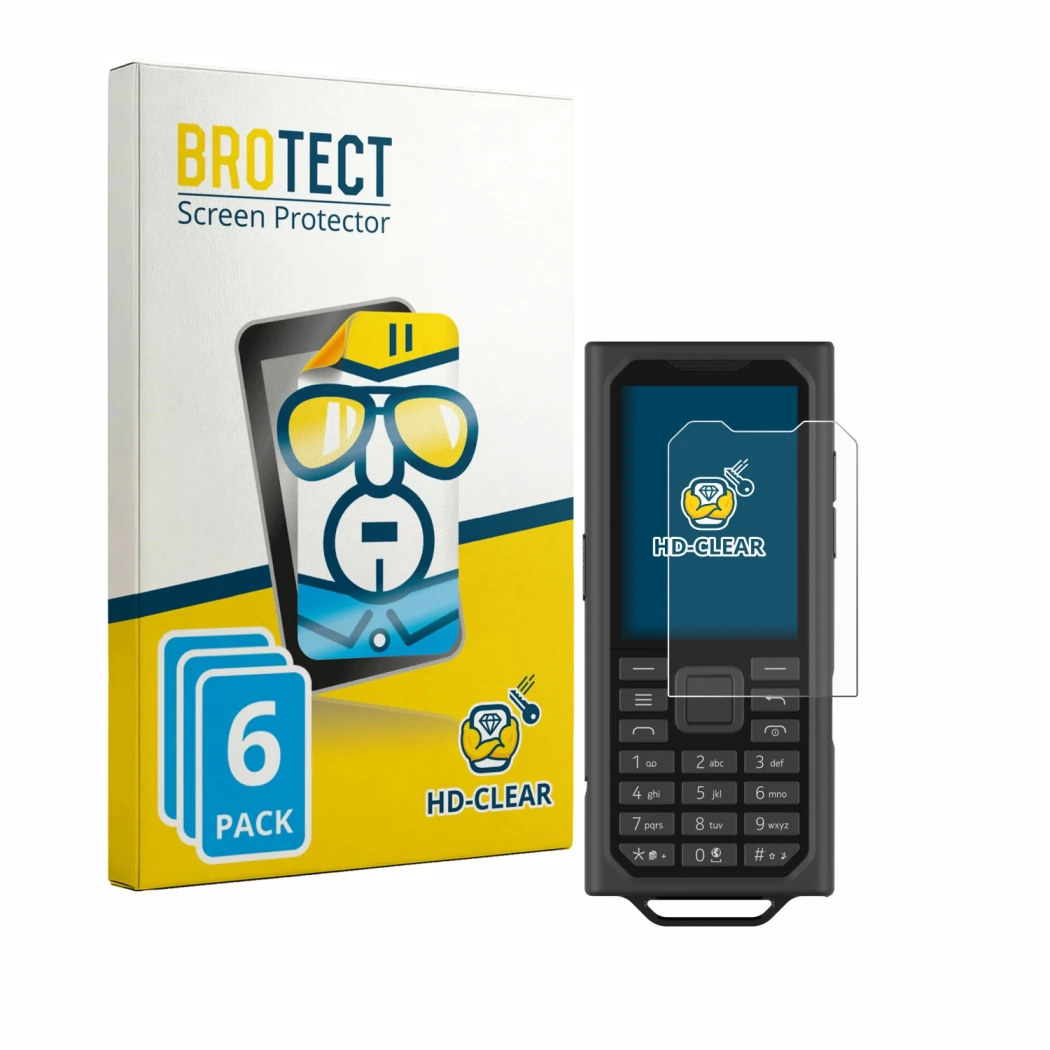 Parte frontal de un envase de producto con el logotipo de la marca BROTECT. Al lado se muestra el dispositivo HMD Terra M con