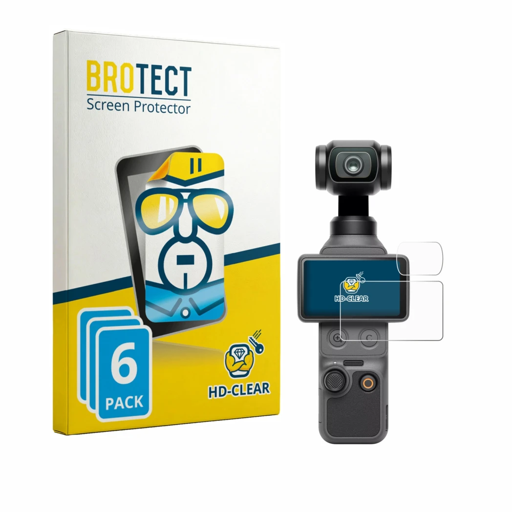 Parte frontal de un envase de producto con el logotipo de la marca BROTECT. Al lado se muestra el dispositivo DJI Osmo Pocket