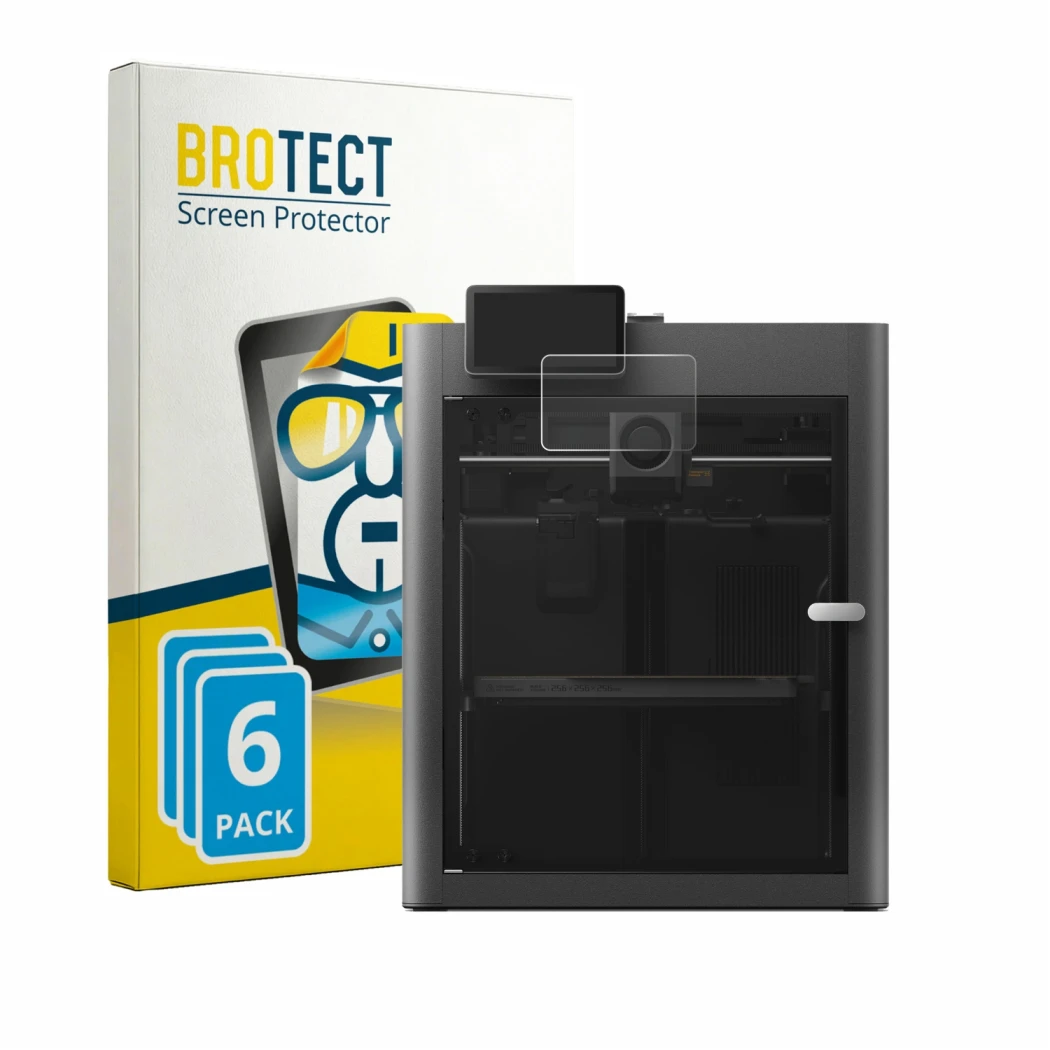 Parte frontal de un envase de producto con el logotipo de la marca BROTECT. Al lado se muestra el dispositivo Bambu Lab X2D co