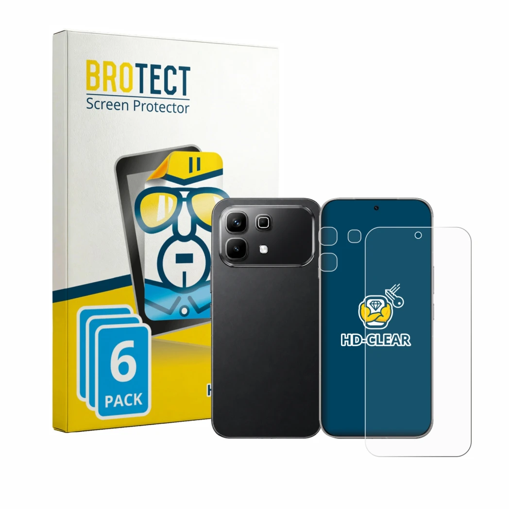 Parte frontal de un envase de producto con el logotipo de la marca BROTECT. Al lado se muestra el dispositivo Infinix Note 60 
