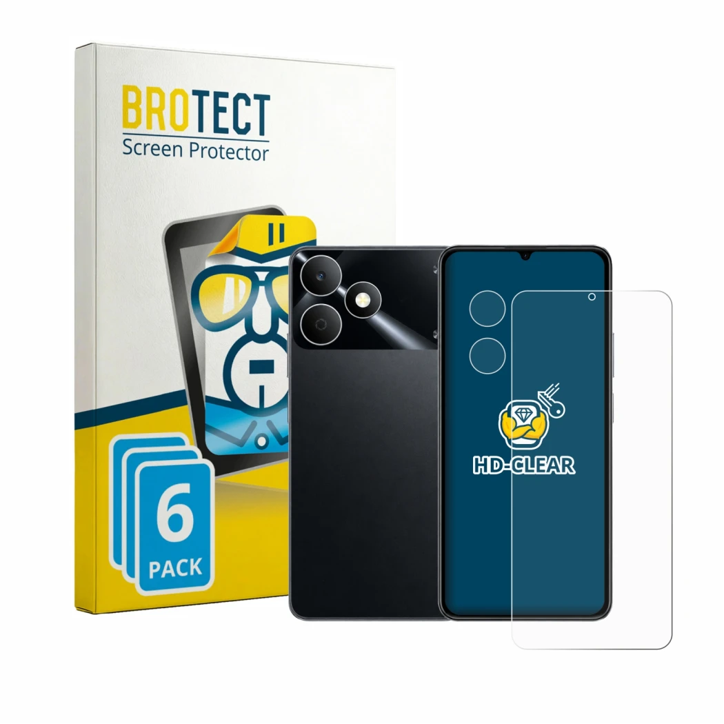 Parte frontal de un envase de producto con el logotipo de la marca BROTECT. Al lado se muestra el dispositivo realme Note 80 (
