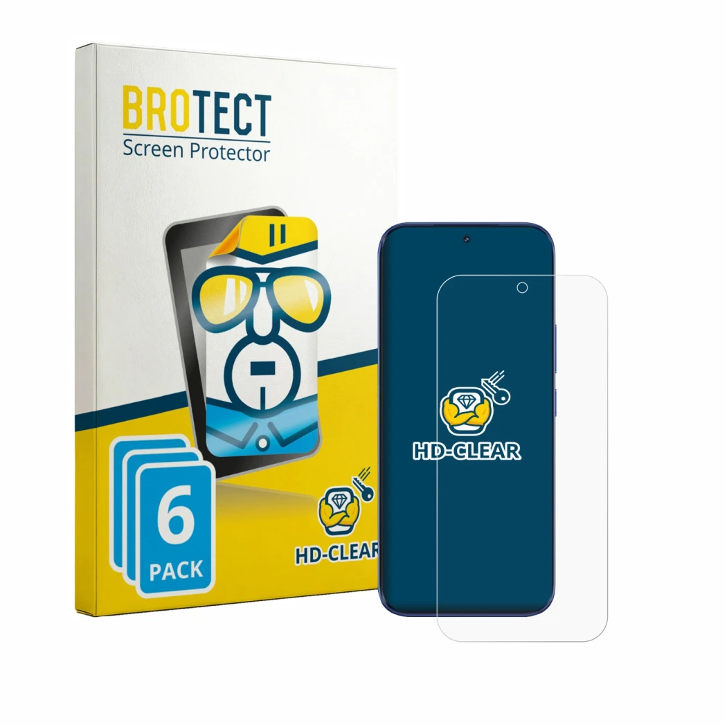 Parte frontal de un envase de producto con el logotipo de la marca BROTECT. Al lado se muestra el dispositivo Tecno Camon Slim