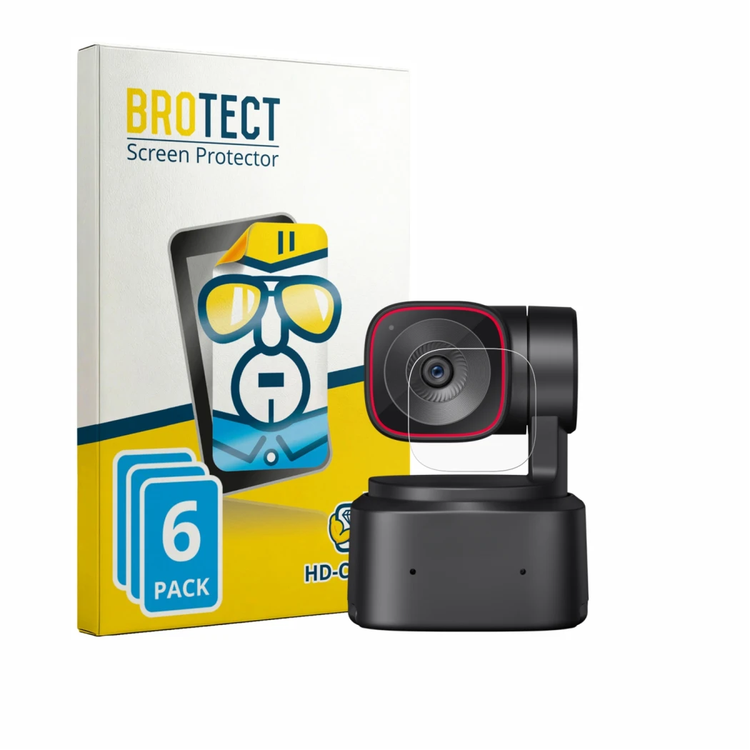 Parte frontal de un envase de producto con el logotipo de la marca BROTECT. Al lado se muestra el dispositivo OBSBOT Tiny 2 Li