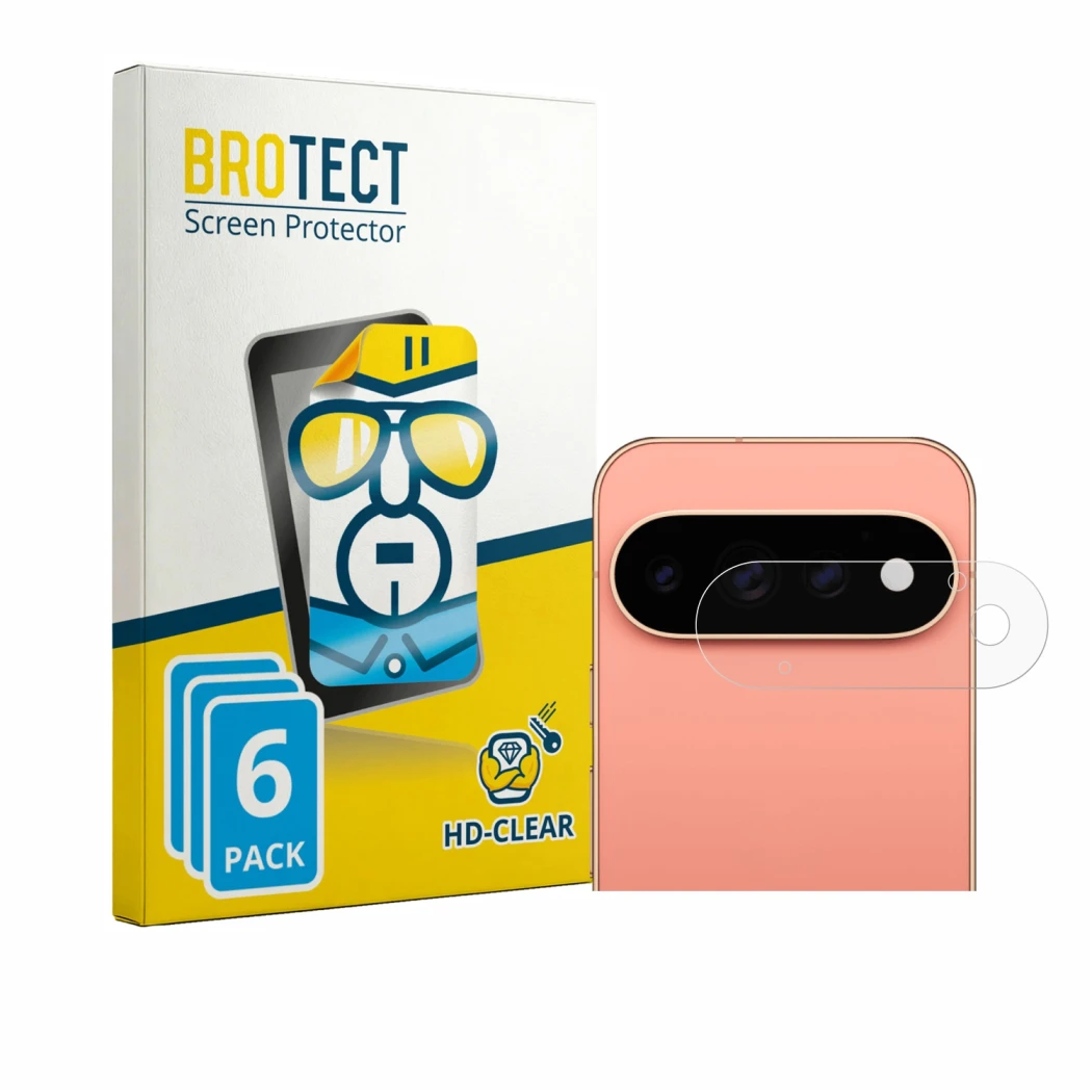 Parte frontal de un envase de producto con el logotipo de la marca BROTECT. Al lado se muestra el dispositivo Google Pixel 11 
