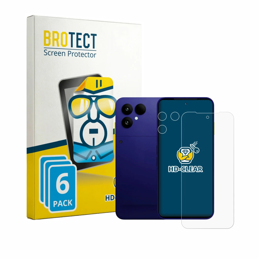 Parte frontal de un envase de producto con el logotipo de la marca BROTECT. Al lado se muestra el dispositivo Fairphone 6 Plus