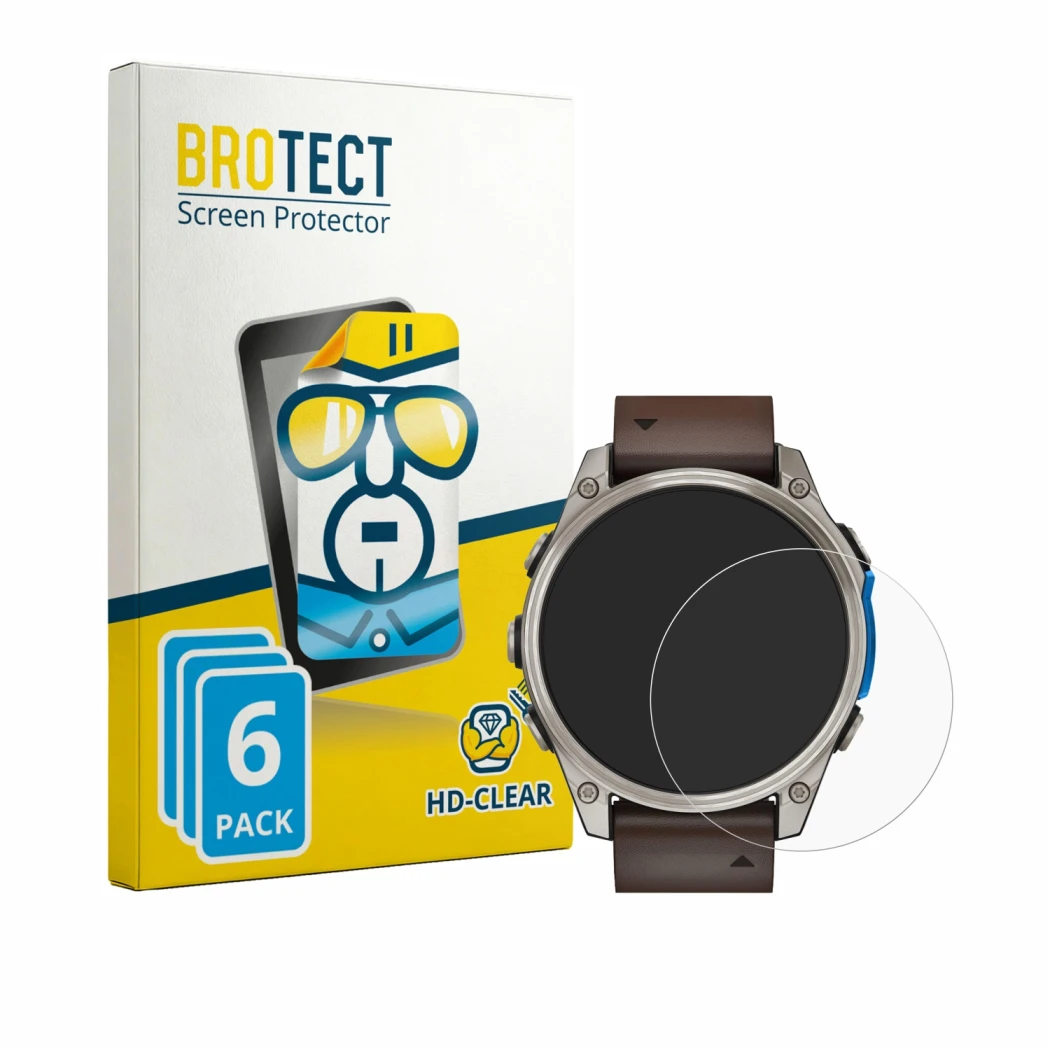 Parte frontal de un envase de producto con el logotipo de la marca BROTECT. Al lado se muestra el dispositivo Garmin D2 Mach 2