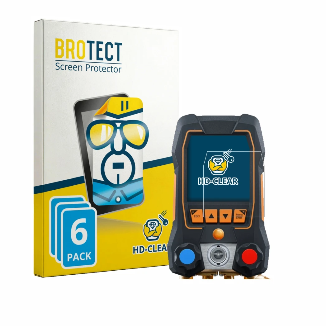 Parte frontal de un envase de producto con el logotipo de la marca BROTECT. Al lado se muestra el dispositivo Testo 558s con s