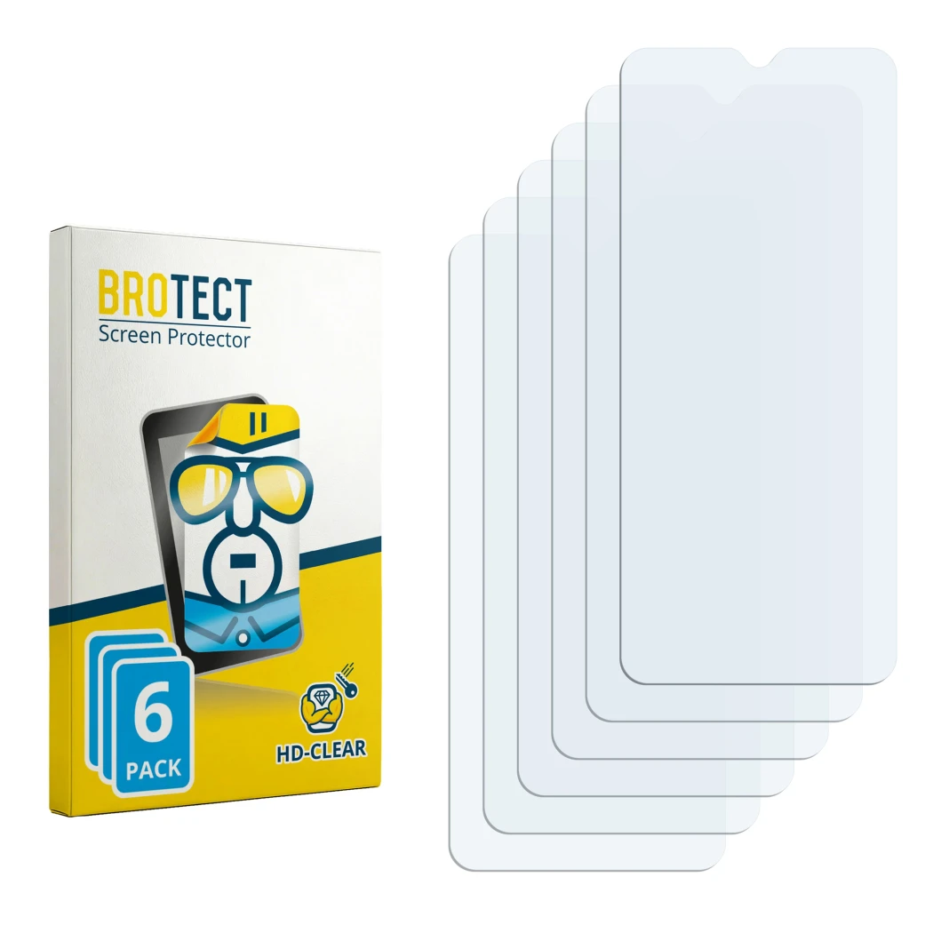 Parte frontal de un envase de producto con el logotipo de la marca BROTECT. Al lado está el protector de pantalla correspondie