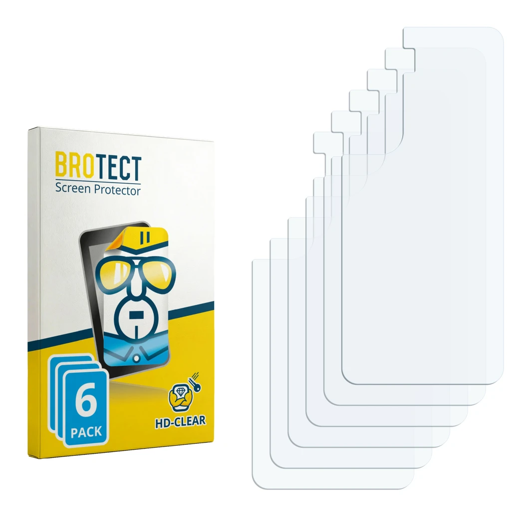 Parte frontal de un envase de producto con el logotipo de la marca BROTECT. Al lado está el protector de pantalla correspondie