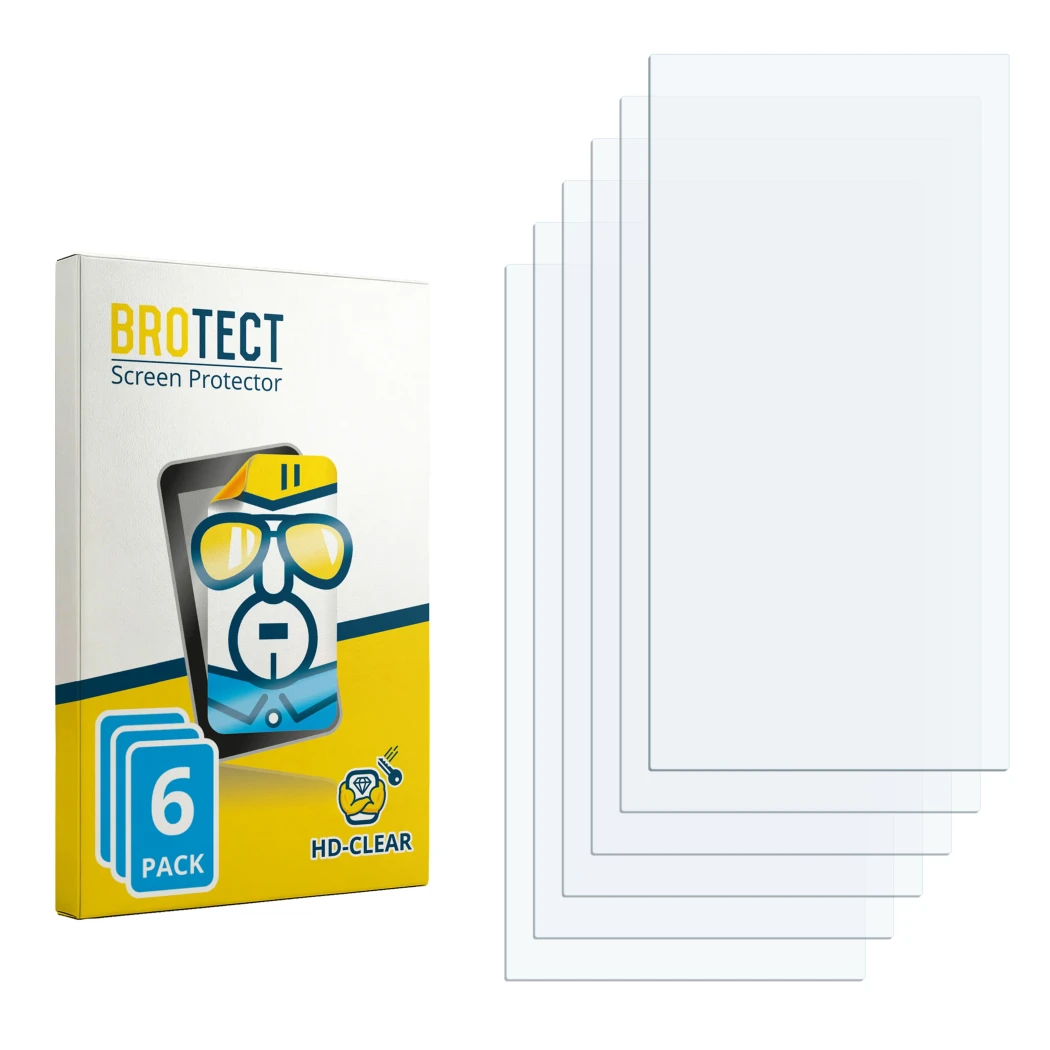 Parte frontal de un envase de producto con el logotipo de la marca BROTECT. Al lado está el protector de pantalla correspondie