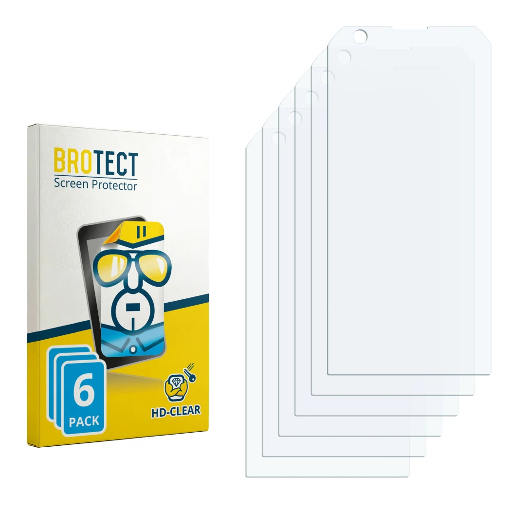 Parte frontal de un envase de producto con el logotipo de la marca BROTECT. Al lado está el protector de pantalla correspondie