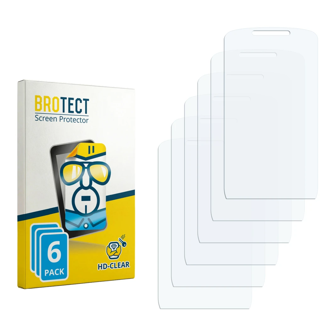 Parte frontal de un envase de producto con el logotipo de la marca BROTECT. Al lado está el protector de pantalla correspondie