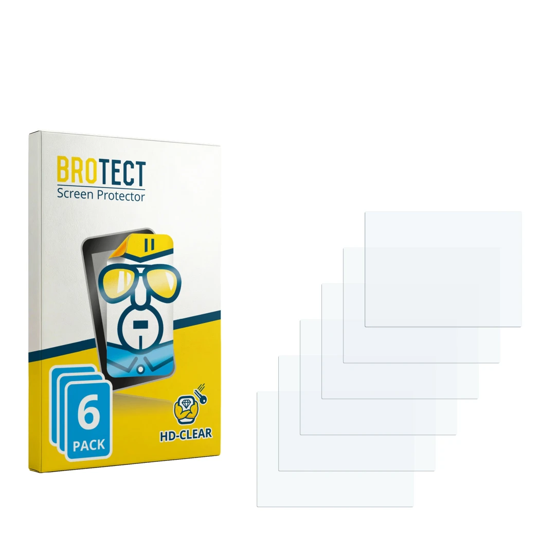 Parte frontal de un envase de producto con el logotipo de la marca BROTECT. Al lado está el protector de pantalla correspondie