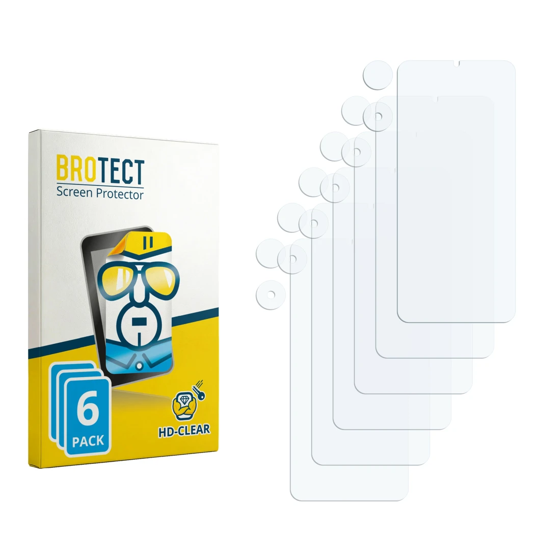 Parte frontal de un envase de producto con el logotipo de la marca BROTECT. Al lado está el protector de pantalla correspondie