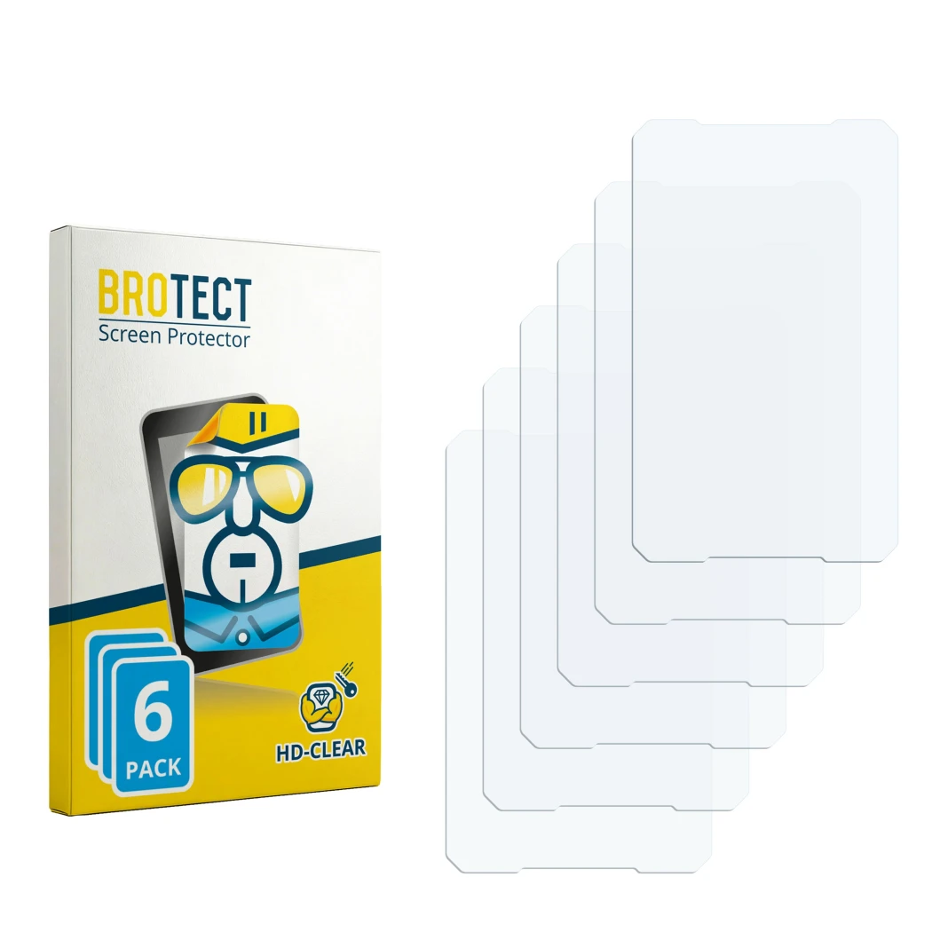 Parte frontal de un envase de producto con el logotipo de la marca BROTECT. Al lado está el protector de pantalla correspondie
