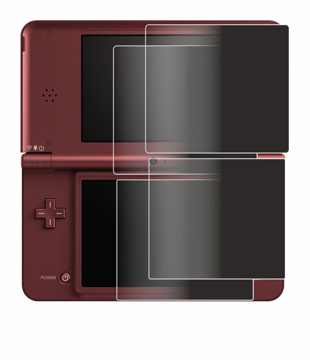 Imagen del dispositivo Nintendo DSi XL con una amplia variedad de protectores de pantalla.