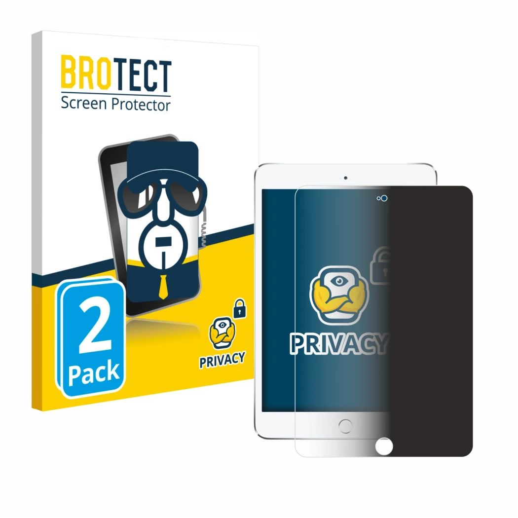 Parte frontal de un envase de producto con el logotipo de la marca BROTECT. Al lado se muestra el dispositivo Apple iPad Mini 