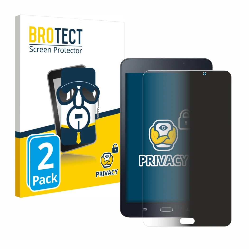 Parte frontal de un envase de producto con el logotipo de la marca BROTECT. Al lado se muestra el dispositivo Samsung Galaxy T