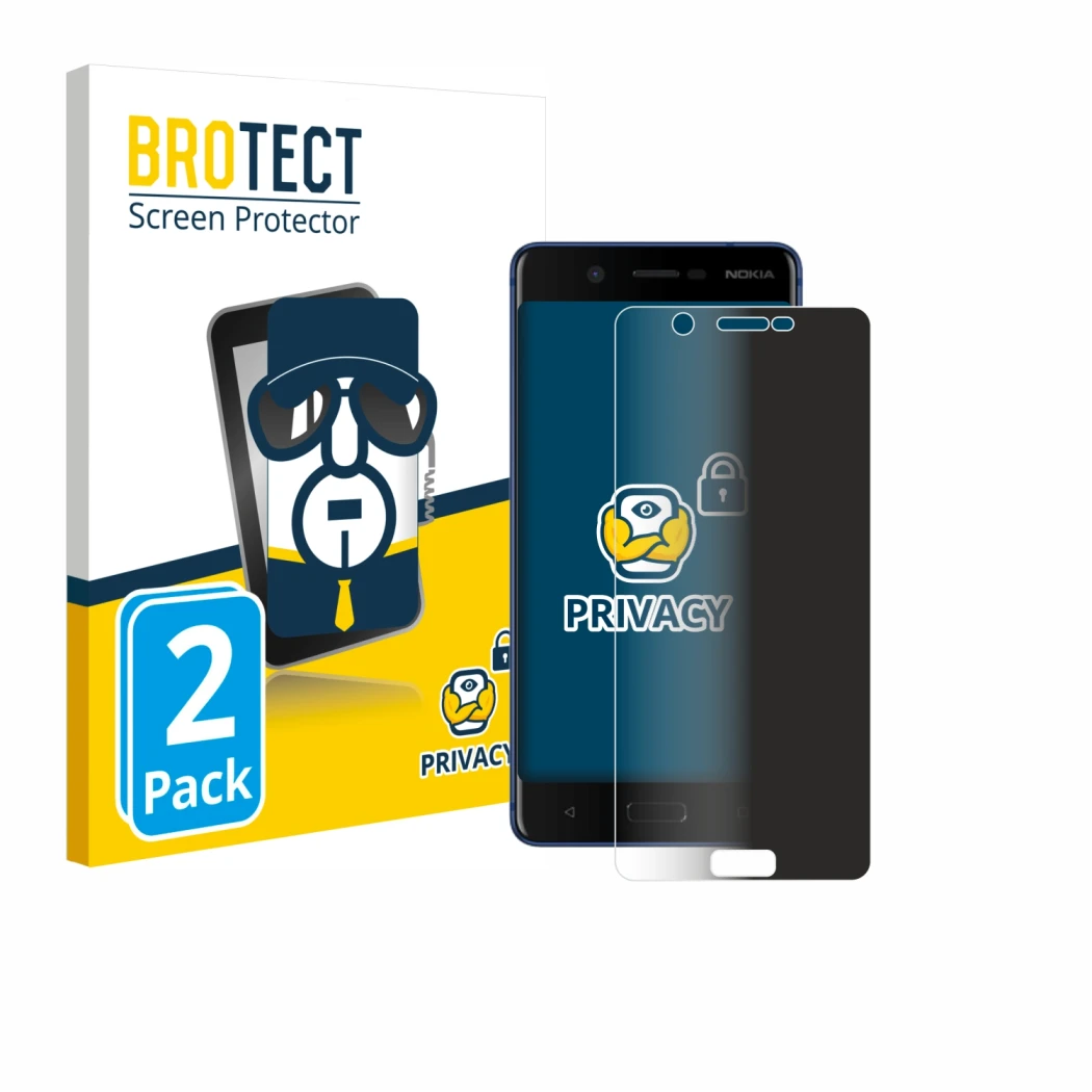 Parte frontal de un envase de producto con el logotipo de la marca BROTECT. Al lado se muestra el dispositivo Nokia 5 con su p