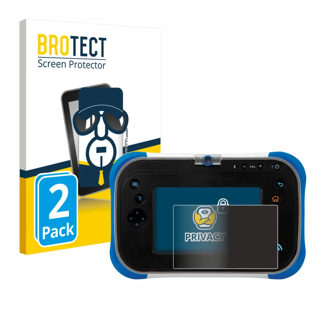 Parte frontal de un envase de producto con el logotipo de la marca BROTECT. Al lado se muestra el dispositivo Vtech Storio Max