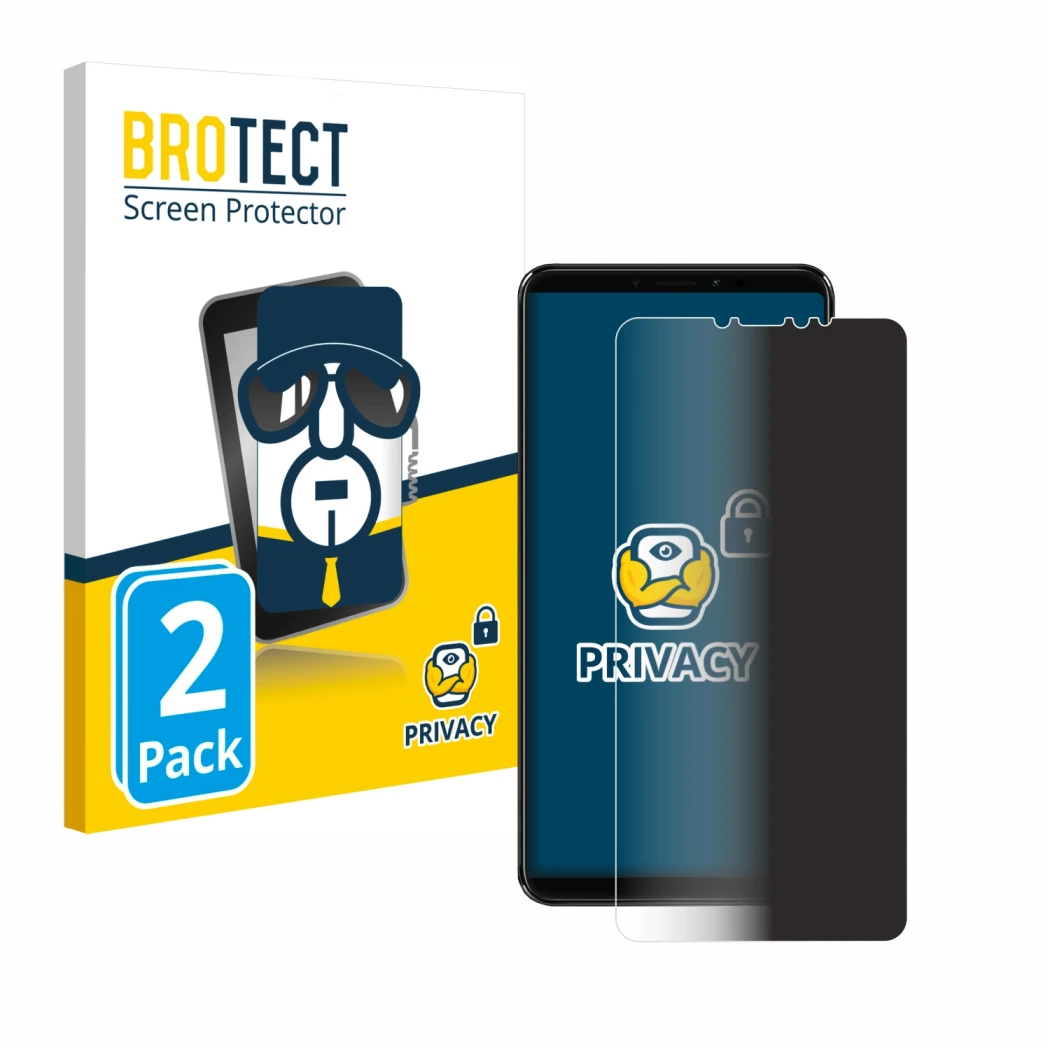 Parte frontal de un envase de producto con el logotipo de la marca BROTECT. Al lado se muestra el dispositivo Xiaomi Mi Max 3 