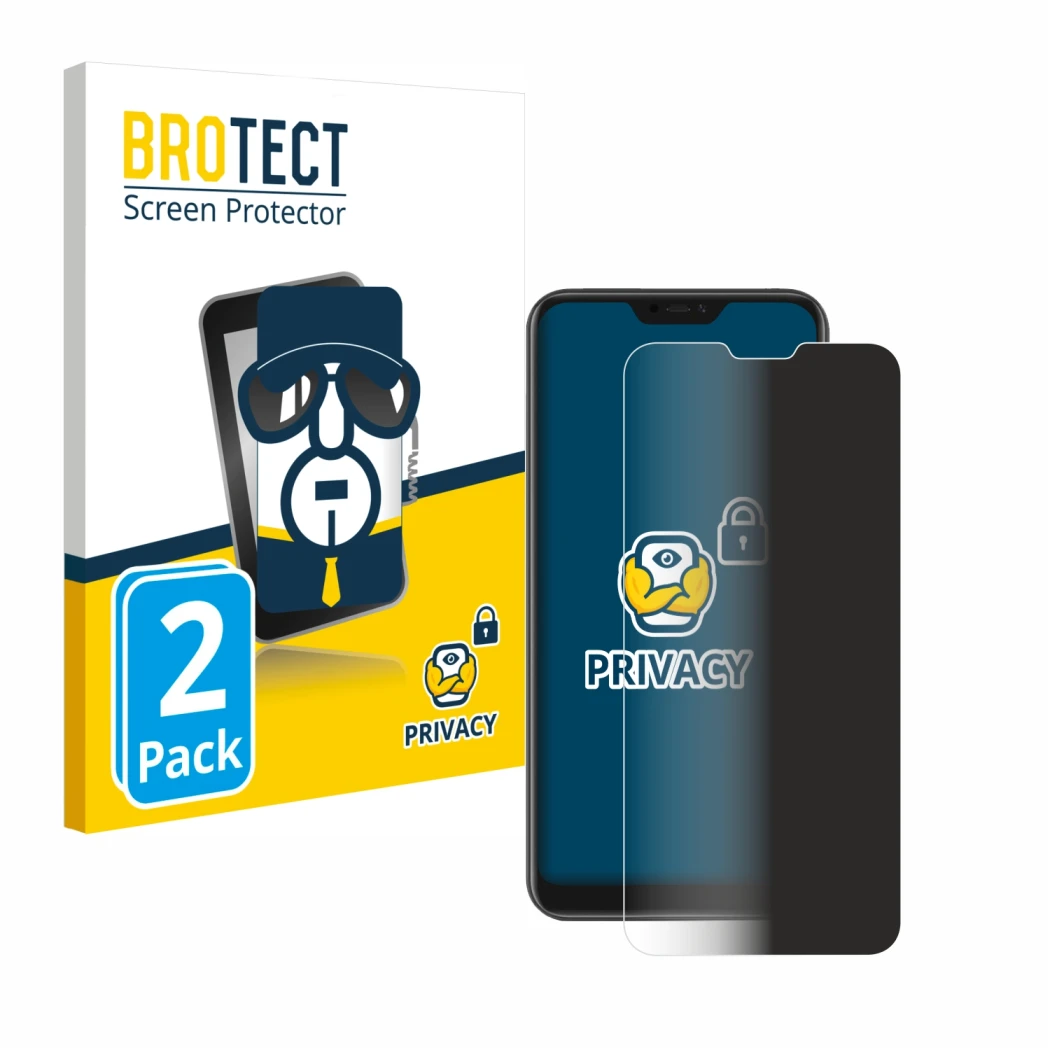 Parte frontal de un envase de producto con el logotipo de la marca BROTECT. Al lado se muestra el dispositivo Xiaomi Mi A2 Lit