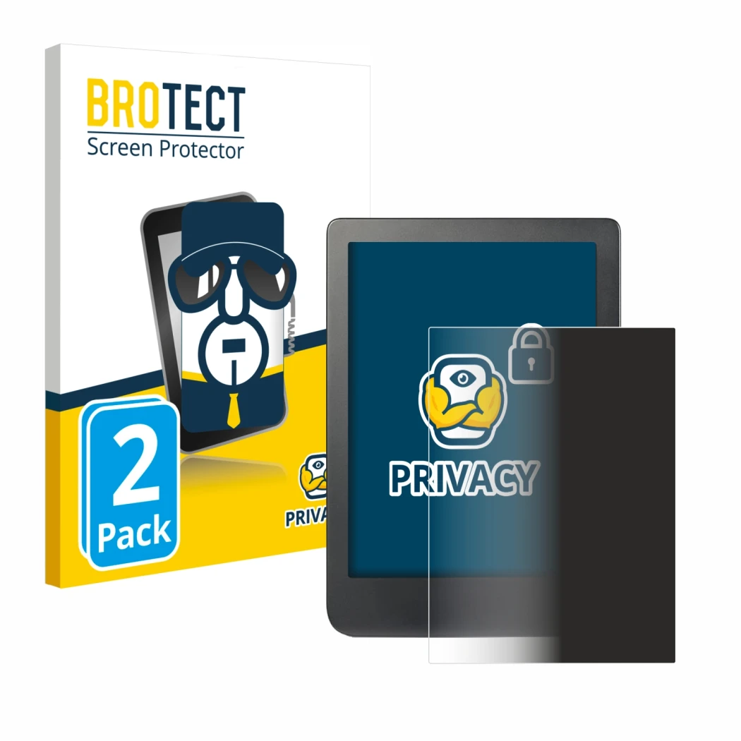 Parte frontal de un envase de producto con el logotipo de la marca BROTECT. Al lado se muestra el dispositivo Kobo Clara HD (6