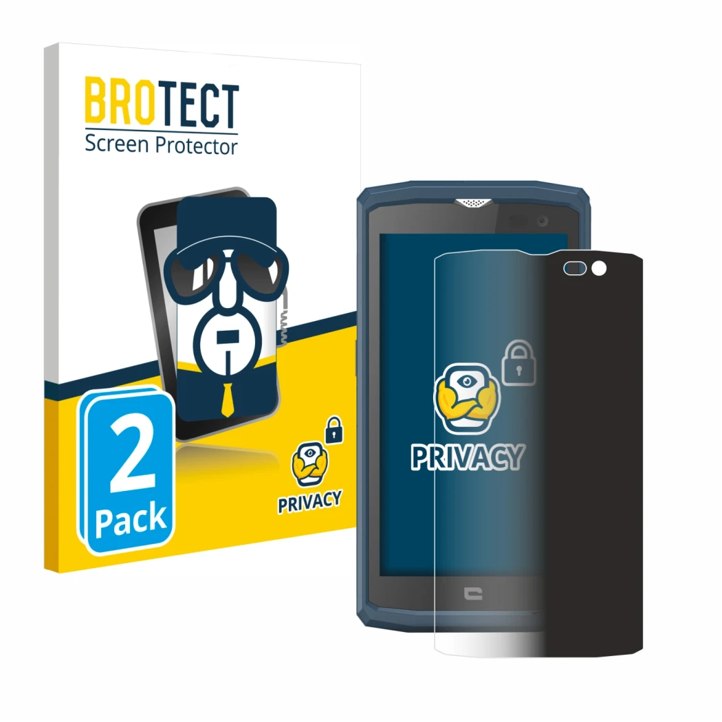 Parte frontal de un envase de producto con el logotipo de la marca BROTECT. Al lado se muestra el dispositivo Crosscall Core X