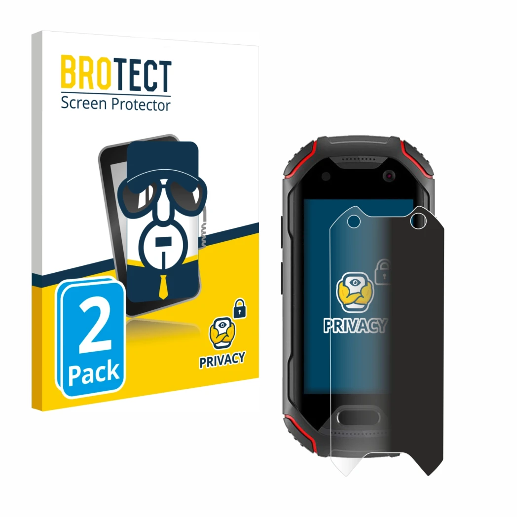Parte frontal de un envase de producto con el logotipo de la marca BROTECT. Al lado se muestra el dispositivo Unihertz Atom co