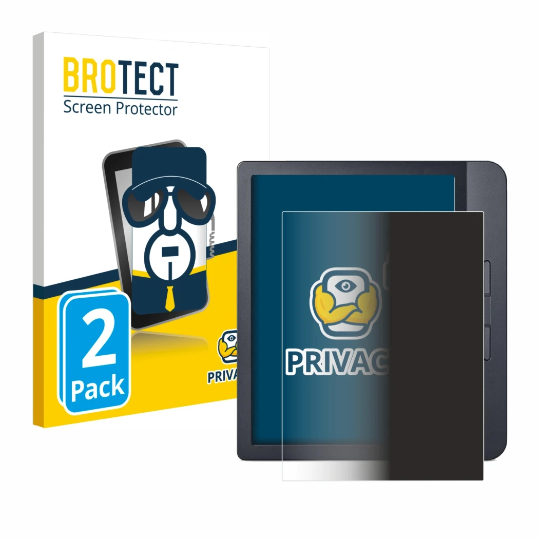 Parte frontal de un envase de producto con el logotipo de la marca BROTECT. Al lado se muestra el dispositivo Kobo Libra H2O c
