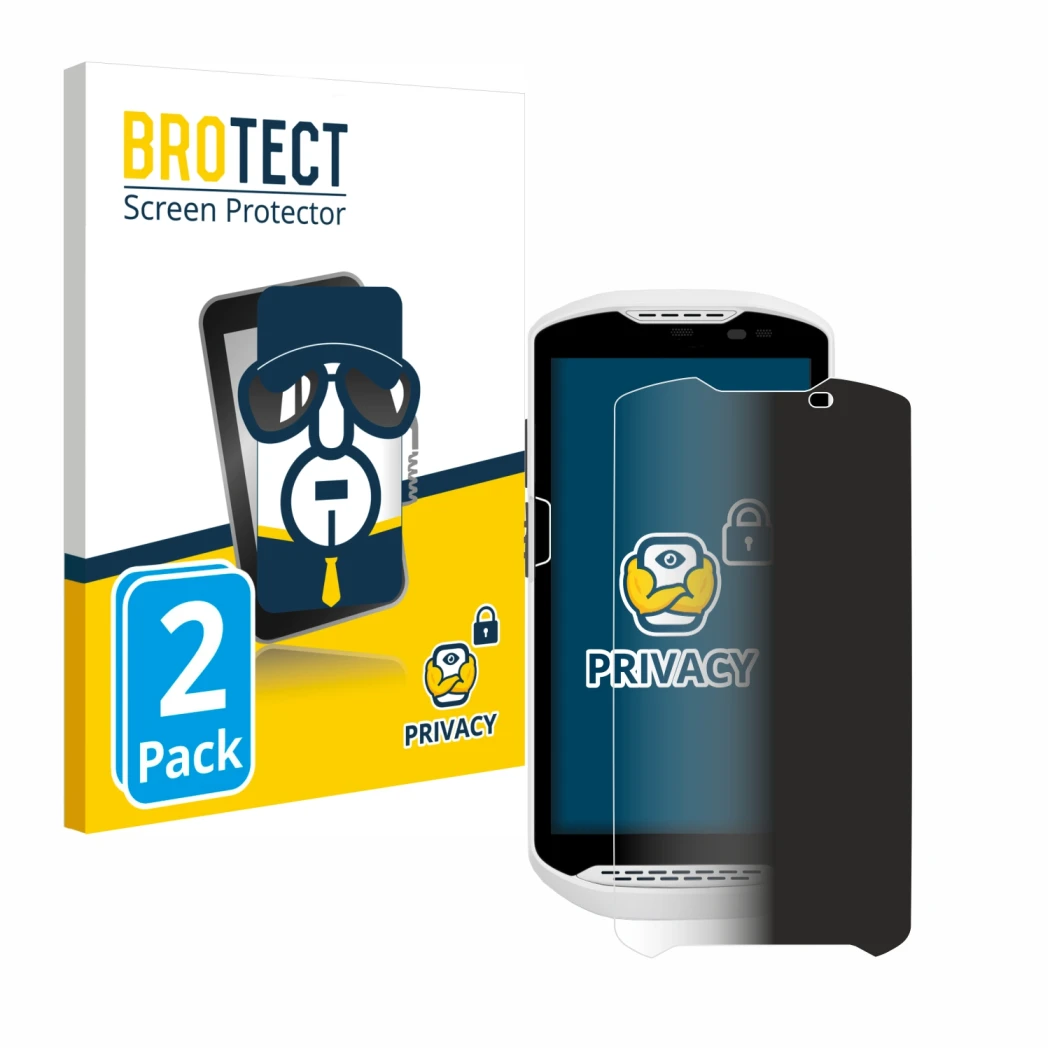 Parte frontal de un envase de producto con el logotipo de la marca BROTECT. Al lado se muestra el dispositivo Zebra TC57 con s