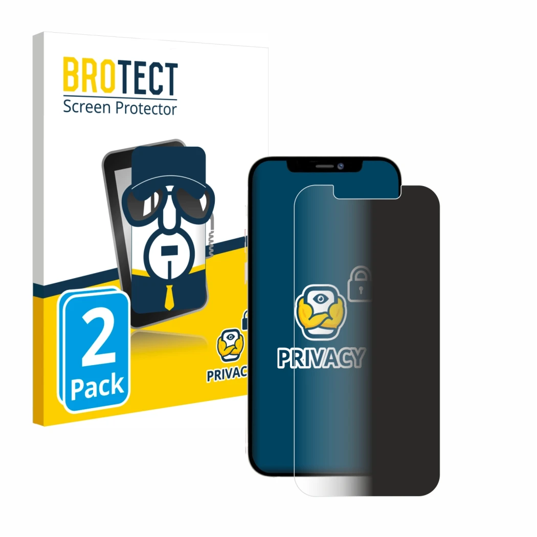 Parte frontal de un envase de producto con el logotipo de la marca BROTECT. Al lado se muestra el dispositivo Apple iPhone 12 