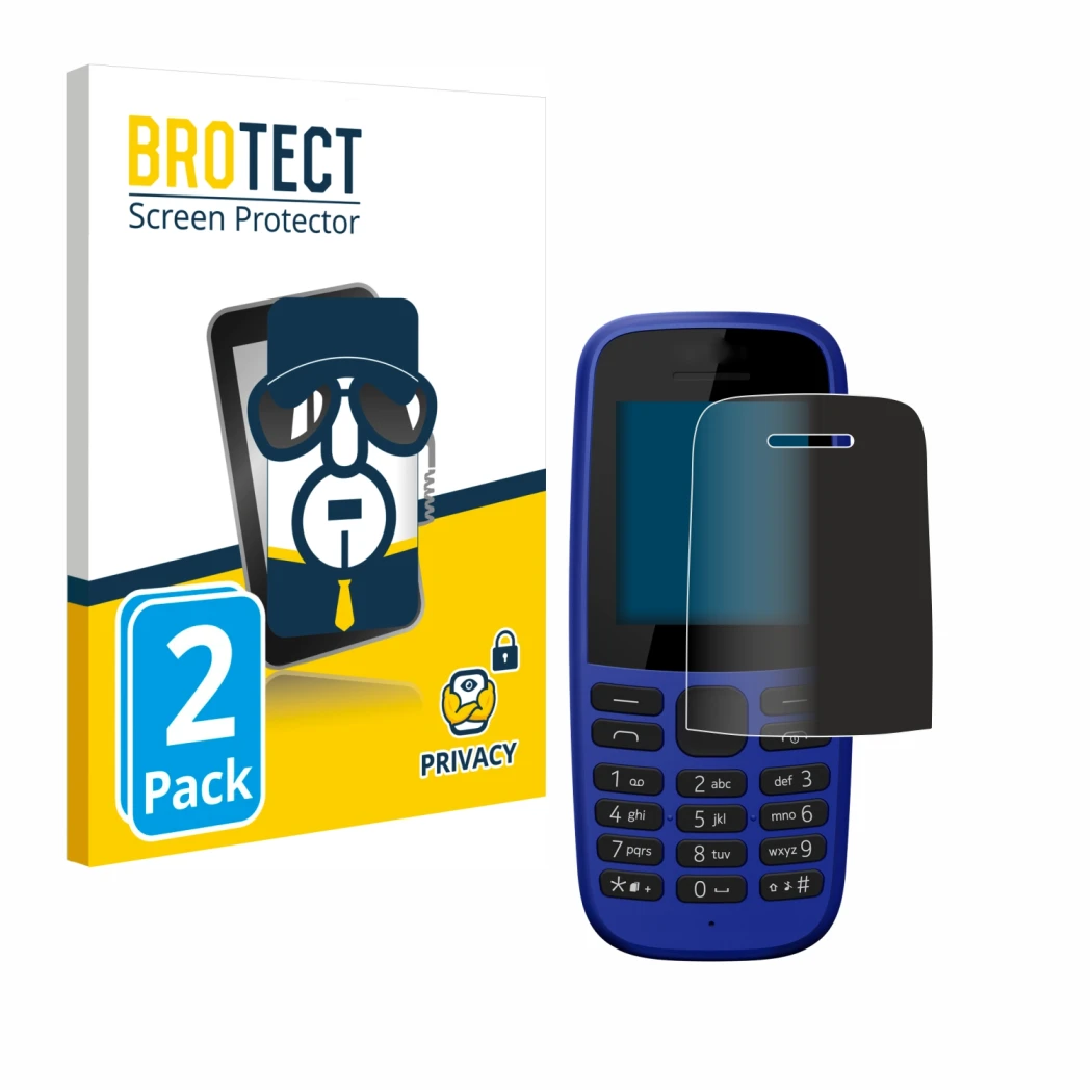 Parte frontal de un envase de producto con el logotipo de la marca BROTECT. Al lado se muestra el dispositivo Nokia 105 DS 201