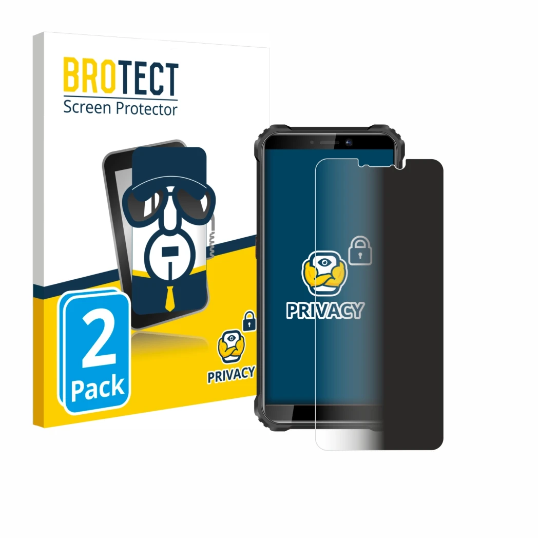 Parte frontal de un envase de producto con el logotipo de la marca BROTECT. Al lado se muestra el dispositivo Oukitel WP5 con 