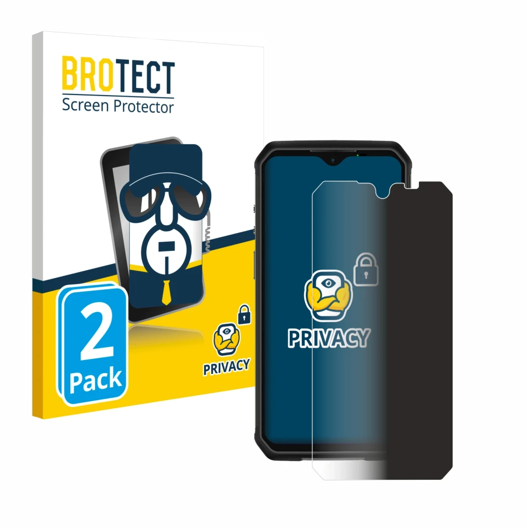 Parte frontal de un envase de producto con el logotipo de la marca BROTECT. Al lado se muestra el dispositivo Ulefone Armor 9 