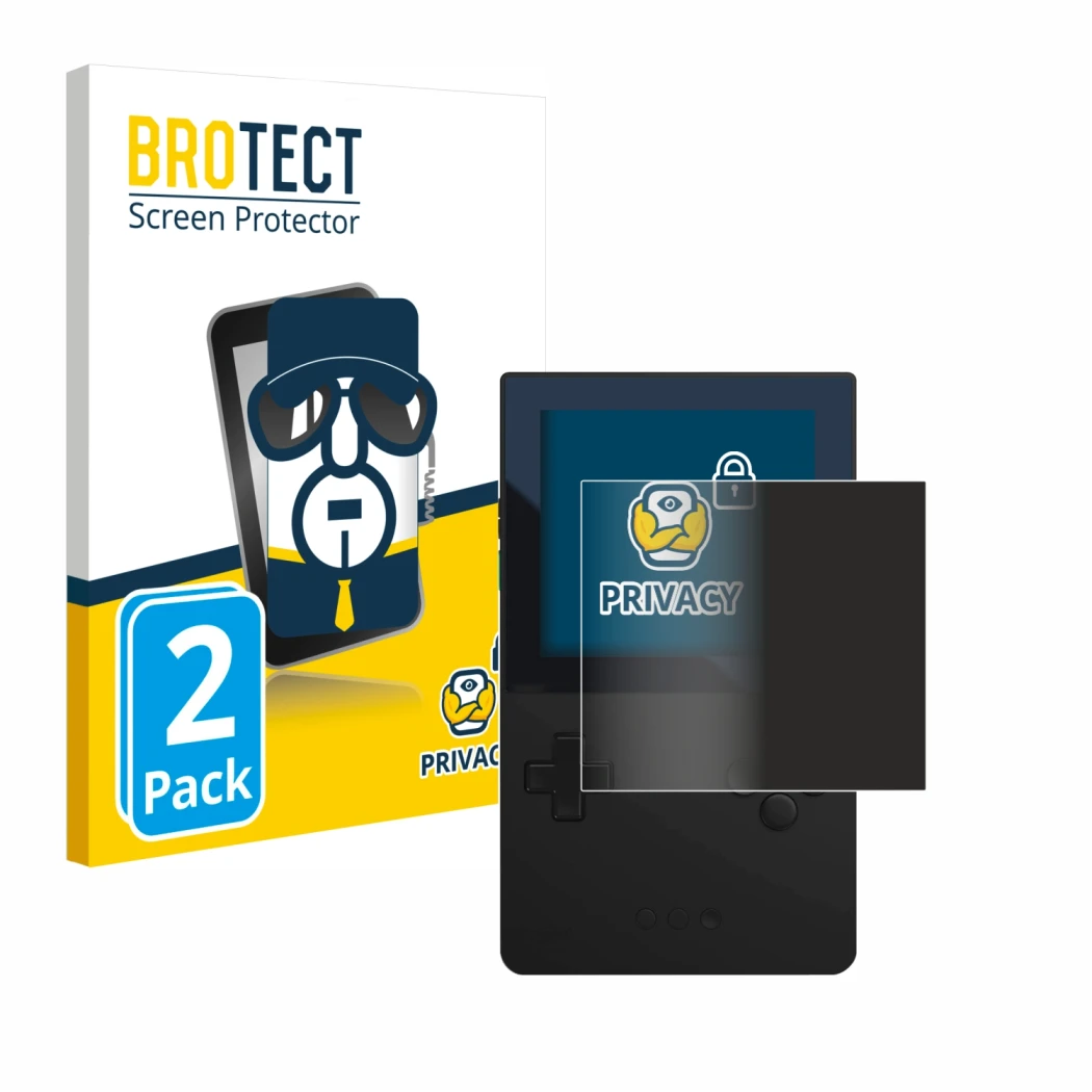 Parte frontal de un envase de producto con el logotipo de la marca BROTECT. Al lado se muestra el dispositivo Analogue Pocket 