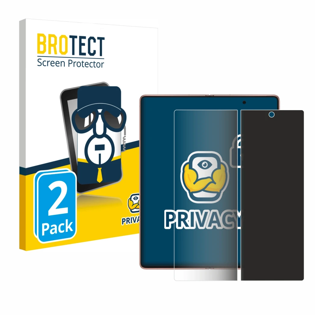 Parte frontal de un envase de producto con el logotipo de la marca BROTECT. Al lado se muestra el dispositivo Samsung Galaxy Z