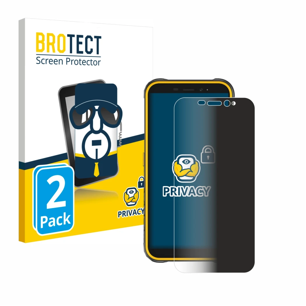 Parte frontal de un envase de producto con el logotipo de la marca BROTECT. Al lado se muestra el dispositivo Ulefone Armor X8