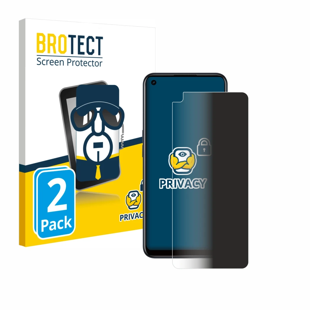 Parte frontal de un envase de producto con el logotipo de la marca BROTECT. Al lado se muestra el dispositivo Oppo A53s con su