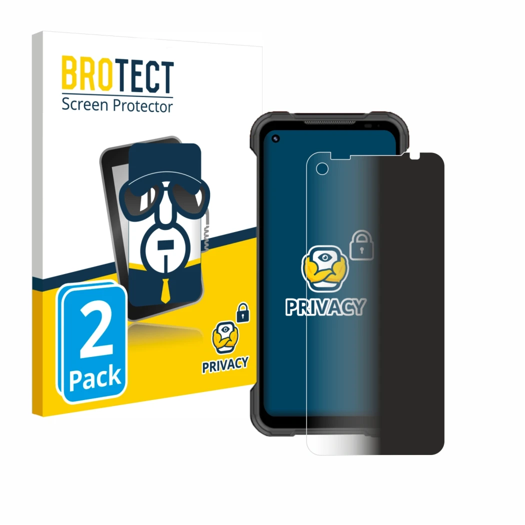 Parte frontal de un envase de producto con el logotipo de la marca BROTECT. Al lado se muestra el dispositivo Doogee S97 Pro c