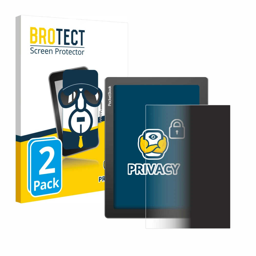 Parte frontal de un envase de producto con el logotipo de la marca BROTECT. Al lado se muestra el dispositivo PocketBook InkPa