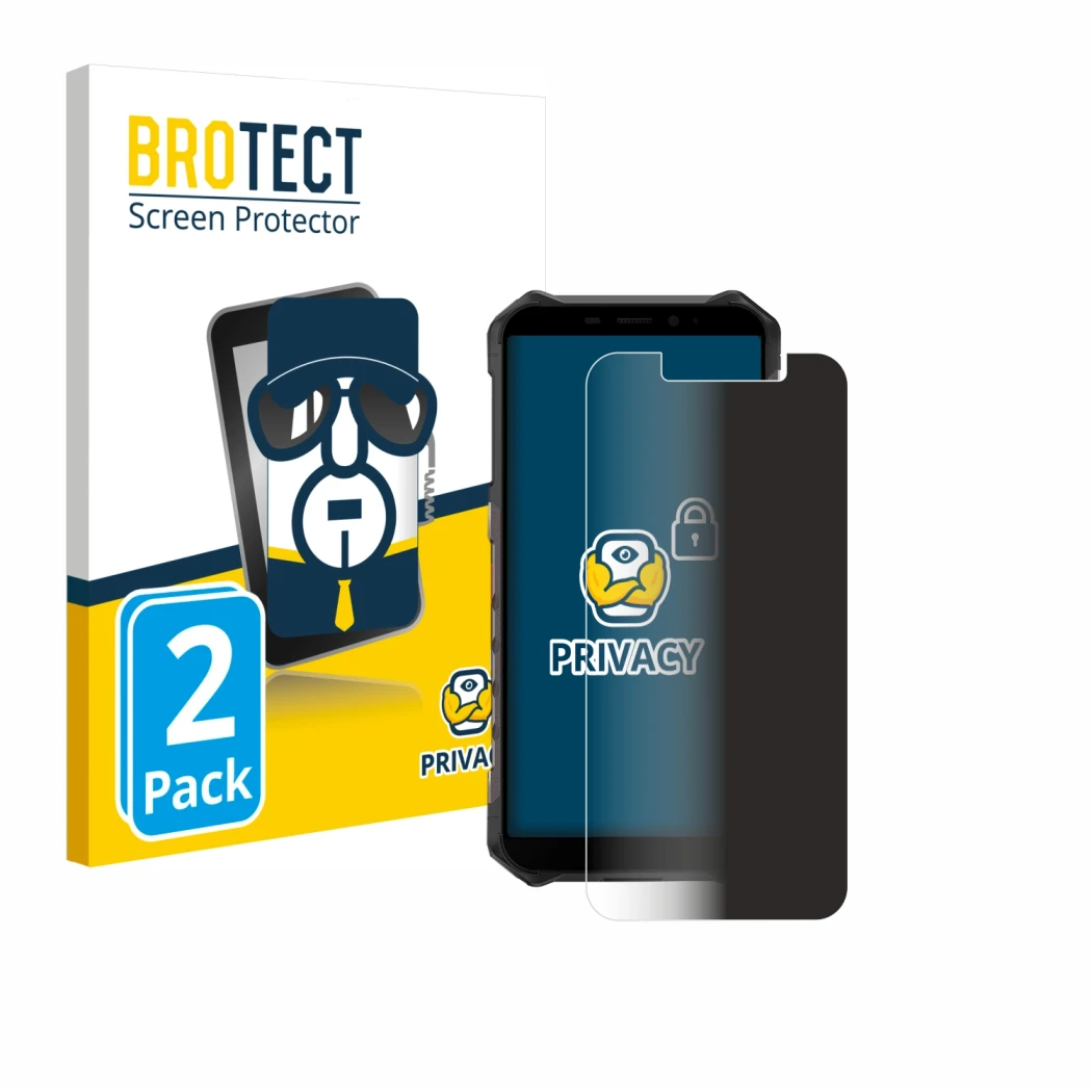 Parte frontal de un envase de producto con el logotipo de la marca BROTECT. Al lado se muestra el dispositivo Ulefone Armor X9