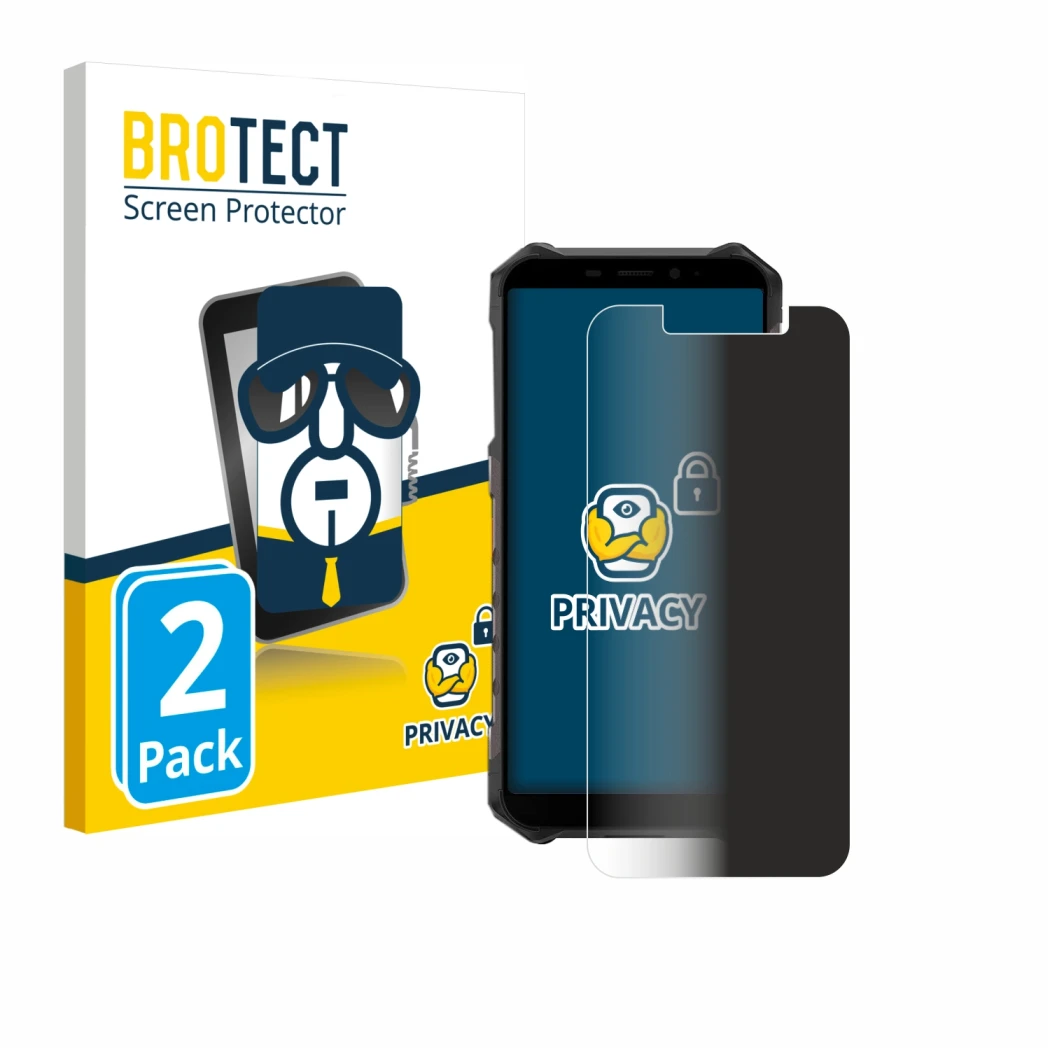 Parte frontal de un envase de producto con el logotipo de la marca BROTECT. Al lado se muestra el dispositivo Ulefone Armor X9