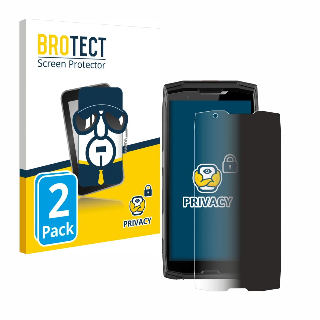 Parte frontal de un envase de producto con el logotipo de la marca BROTECT. Al lado se muestra el dispositivo Crosscall Core-X