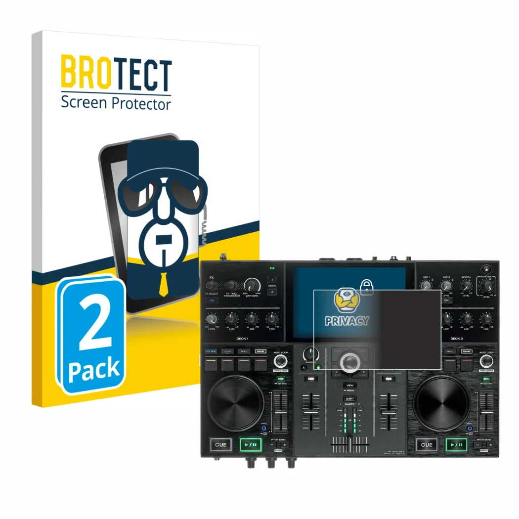 Parte frontal de un envase de producto con el logotipo de la marca BROTECT. Al lado se muestra el dispositivo Denon DJ Prime G