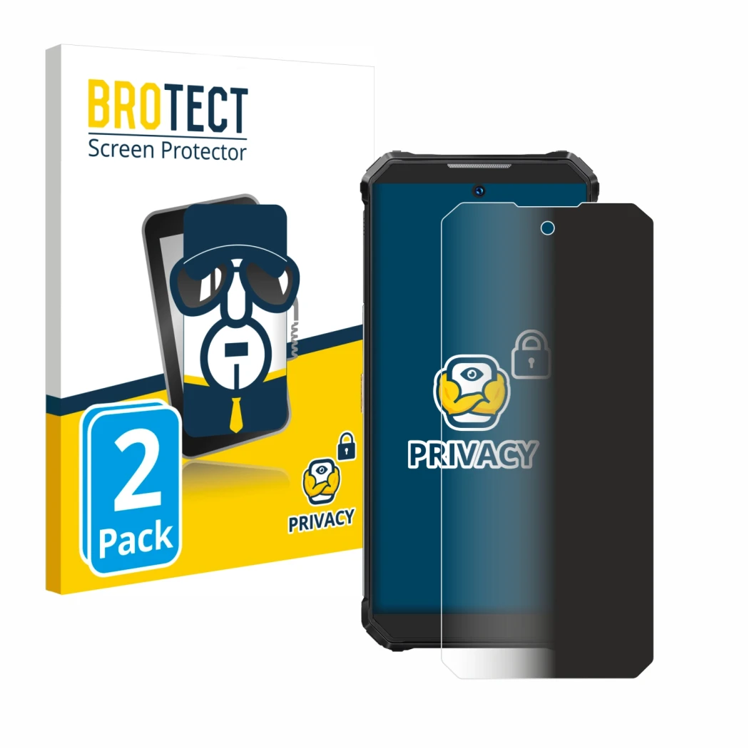Parte frontal de un envase de producto con el logotipo de la marca BROTECT. Al lado se muestra el dispositivo Oukitel WP19 con