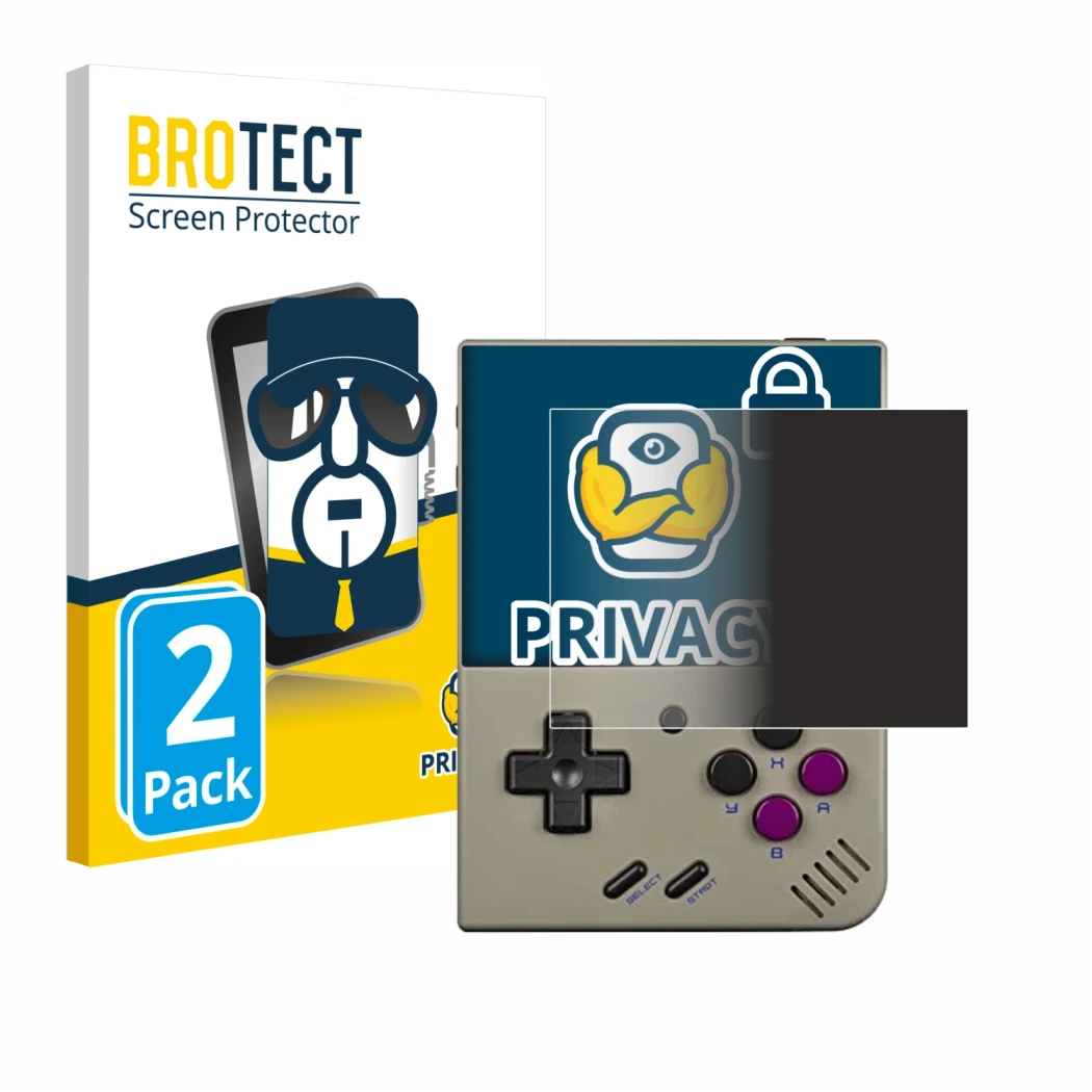 Parte frontal de un envase de producto con el logotipo de la marca BROTECT. Al lado se muestra el dispositivo Miyoo Mini Plus 