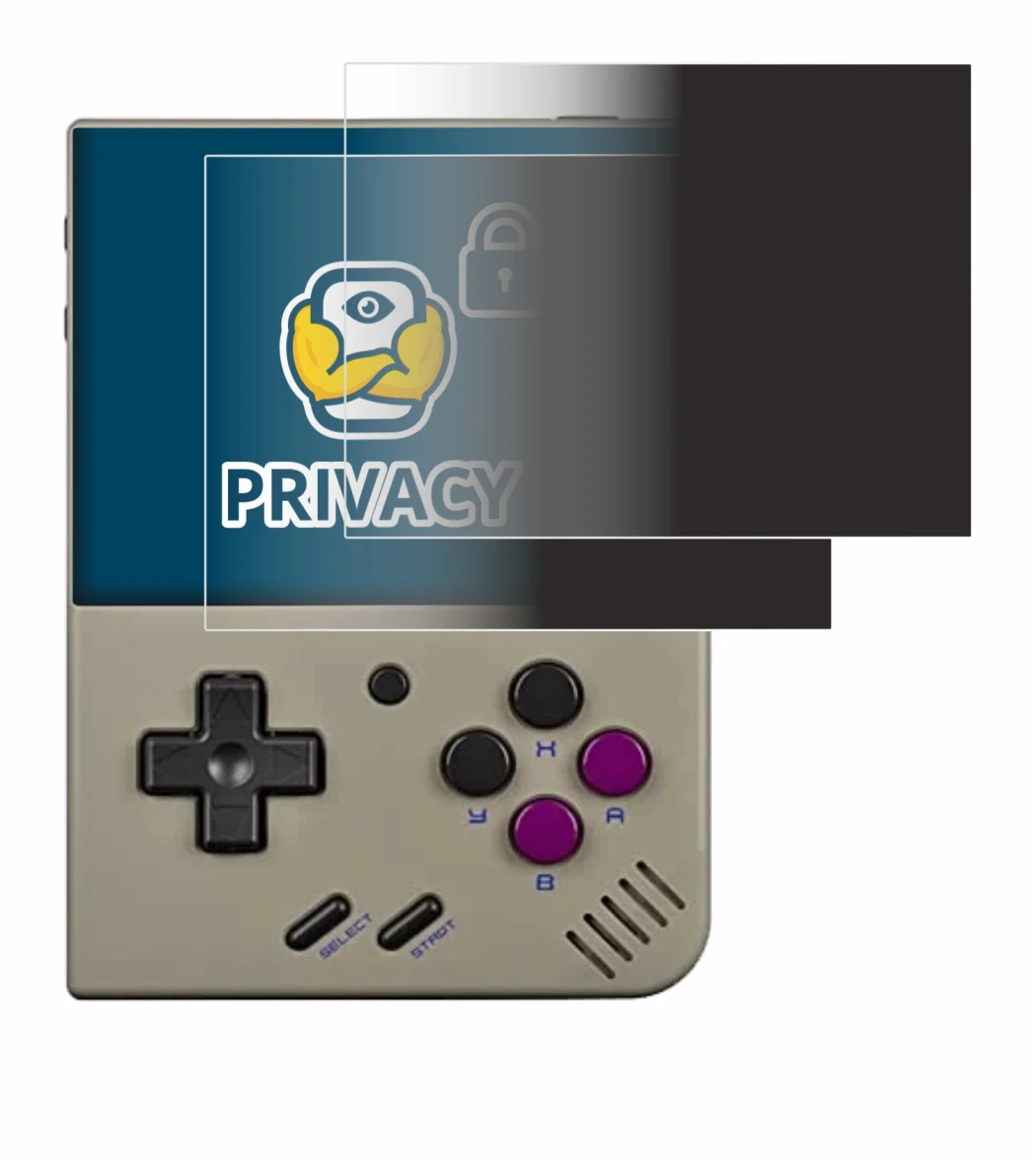 Imagen del dispositivo Miyoo Mini Plus con una amplia variedad de protectores de pantalla.